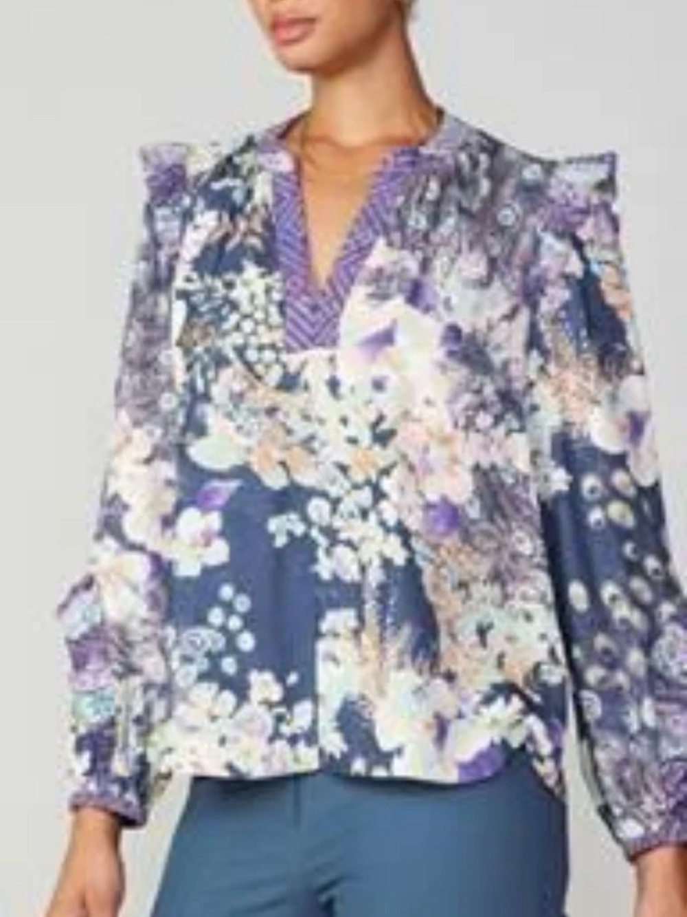 Current Air Navy Multi Floral Ruffle Split Neck Blouse Medium Boho Romantic Top